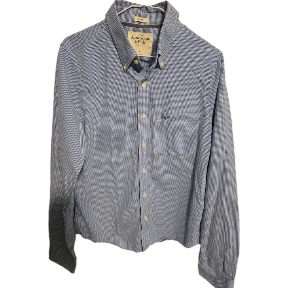 Abercrombie & Fitch Men's Muscle Fit Dress Shirt Blue Check Size L‎ 100% Cotton